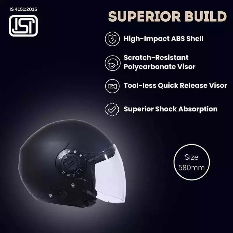 HIKER by VARROC Orbit Pro Half Face Helmet for Men & Women 580 mm S Size Matt Black ISI Certified, Lightweight, Polycarbonate Visor for Clear Visibility (Pack of 10)