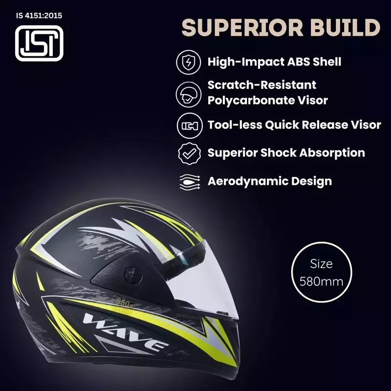 HIKER by VARROC Wave Pro Max HD2 Full Face Helmet for Men & Women 580 mm S Size Matt Black and Yellow ISI Certified Flip-Up, Lightweight, Polycarbonate Visor for Clear Visibility (Pack of 10)