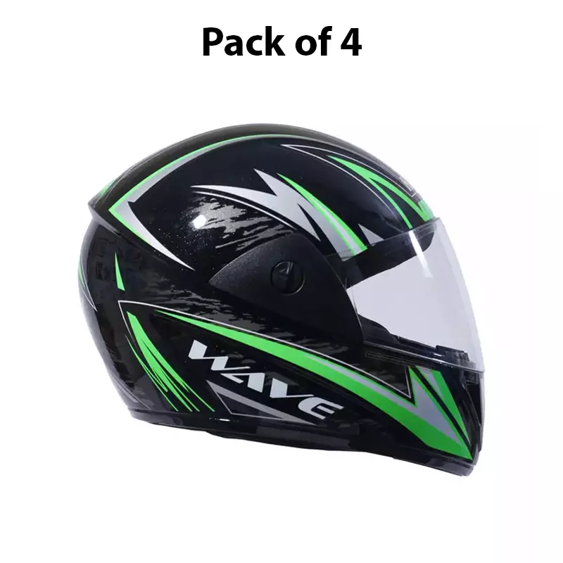 HIKER by VARROC Wave Pro Max HD3 Full Face Helmet for Men & Women 580 mm S Size Gloss Black and Green ISI Certified Flip-Up, Lightweight, Polycarbonate Visor for Clear Visibility (Pack of 4)