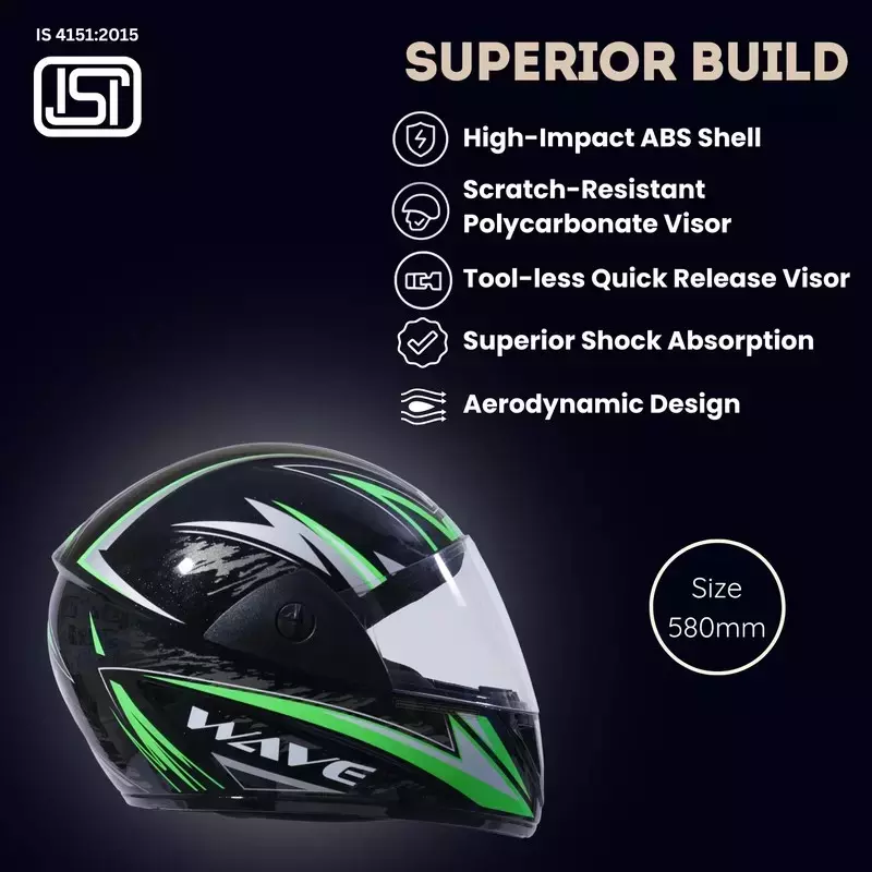 HIKER by VARROC Wave Pro Max HD3 Full Face Helmet for Men & Women 580 mm S Size Gloss Black and Green ISI Certified Flip-Up, Lightweight, Polycarbonate Visor for Clear Visibility (Pack of 4)