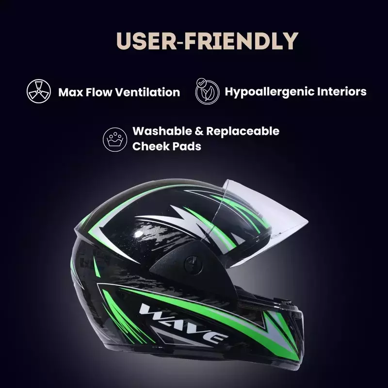 HIKER by VARROC Wave Pro Max HD3 Full Face Helmet for Men & Women 580 mm S Size Gloss Black and Green ISI Certified Flip-Up, Lightweight, Polycarbonate Visor for Clear Visibility (Pack of 4)