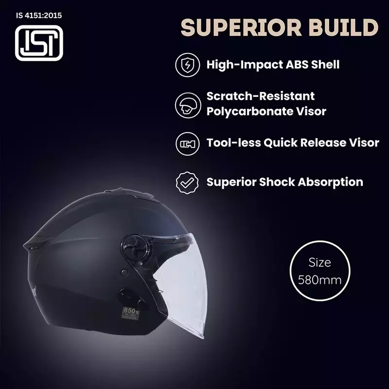 HIKER by VARROC Flash Pro Half Face Helmet for Men & Women 580 mm S Size Matt Black ISI Certified, Lightweight, Polycarbonate Visor for Clear Visibility (Pack of 4)