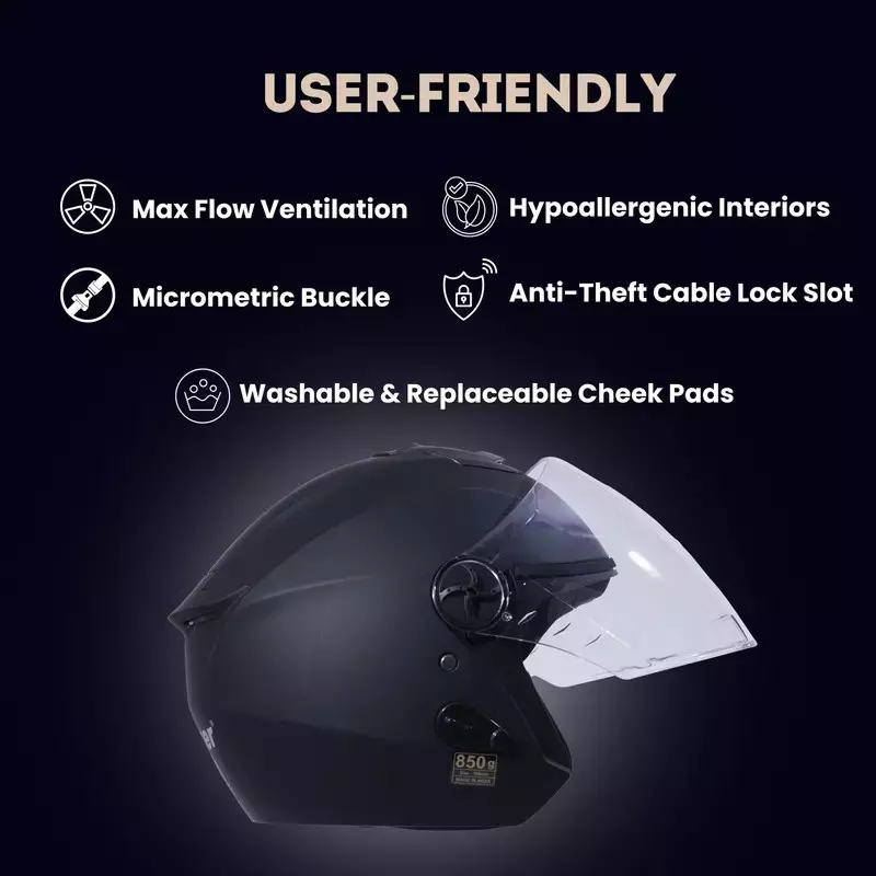 HIKER by VARROC Flash Pro Half Face Helmet for Men & Women 580 mm S Size Matt Black ISI Certified, Lightweight, Polycarbonate Visor for Clear Visibility (Pack of 4)