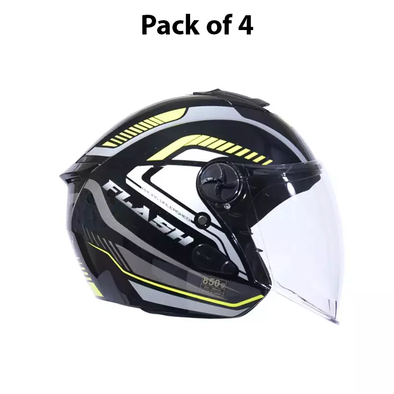 HIKER by VARROC Flash Pro Max HD2 Half Face Helmet for Men & Women 580 mm S Size Gloss Black and Yellow ISI Certified, Lightweight, Polycarbonate Glass for Clear Visibility (Pack of 4)