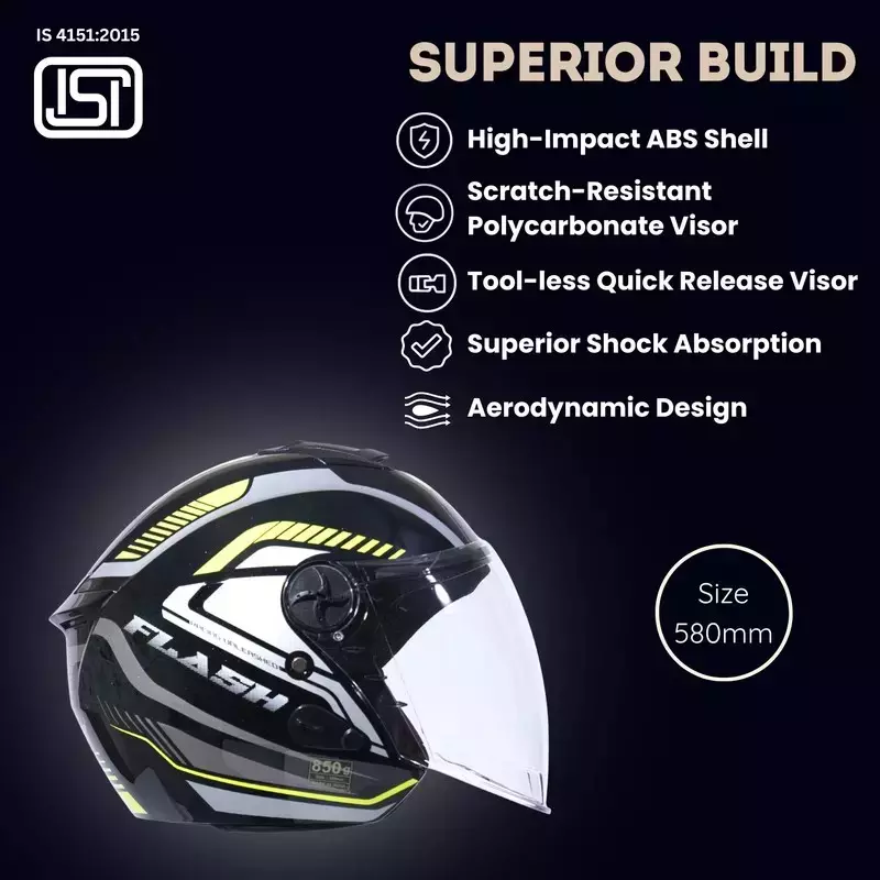 HIKER by VARROC Flash Pro Max HD2 Half Face Helmet for Men & Women 580 mm S Size Gloss Black and Yellow ISI Certified, Lightweight, Polycarbonate Glass for Clear Visibility (Pack of 4)