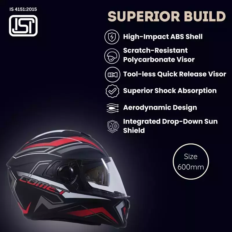 Hiker By Varroc COMET PRO MAX Helmet Black & Red Large 600 mm Full Face, HD1 (Pack of 10)