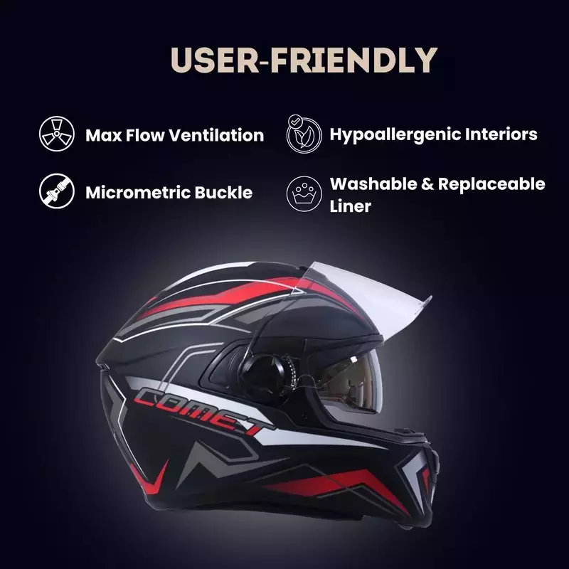 Hiker By Varroc COMET PRO MAX Helmet Black & Red Large 600 mm Full Face, HD1 (Pack of 10)