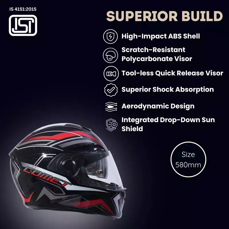 HIKER by VARROC Comet Pro Max HD1 Full Face Helmet for Men & Women 600 mm L Size Gloss Black and Red ISI Certified Flip-Up, Lightweight, Polycarbonate Visor for Clear Visibility (Pack of 4)