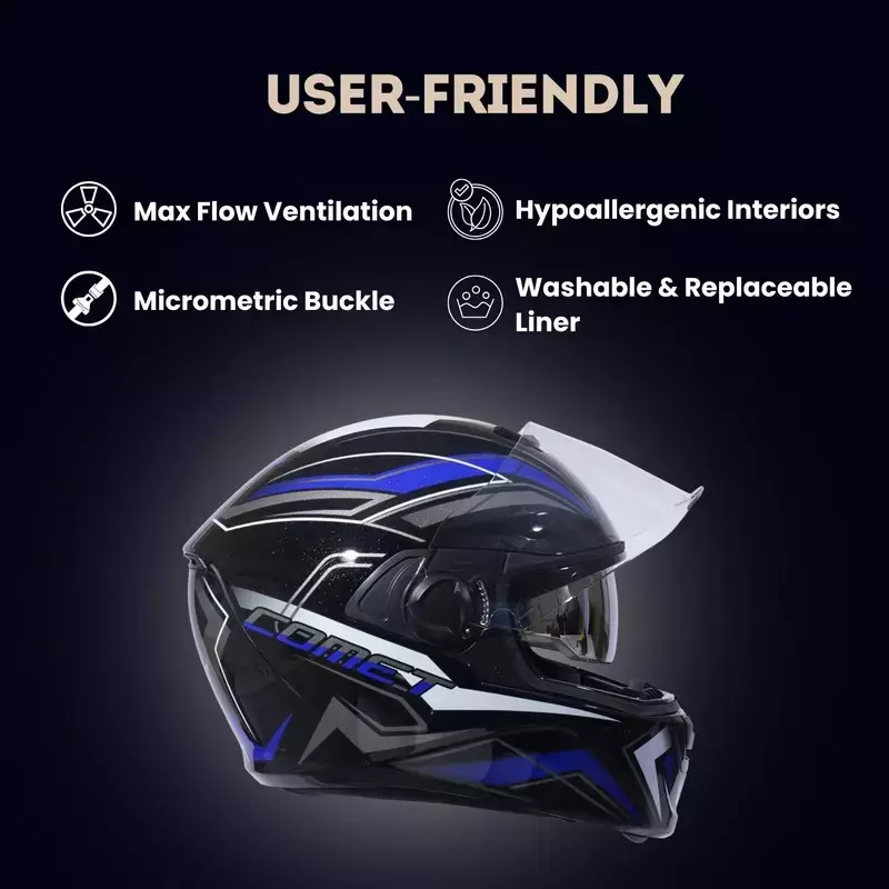 HIKER by VARROC Comet Pro Max HD4 Full Face Helmet for Men & Women 600 mm L Size Gloss Black and Blue ISI Certified Flip-Up, Lightweight, Polycarbonate Visor for Clear Visibility (Pack of 4)