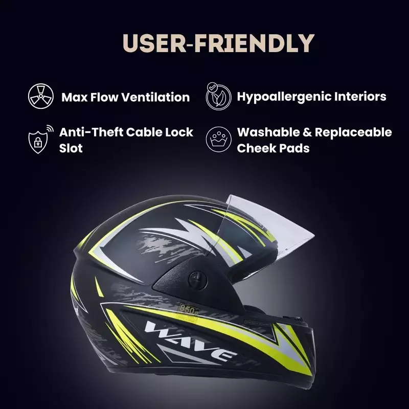HIKER by VARROC Wave Pro Max HD2 Full Face Helmet for Men & Women 580 mm S Size Matt Black and Yellow ISI Certified Flip-Up, Lightweight, Polycarbonate Visor for Clear Visibility (Pack of 4)