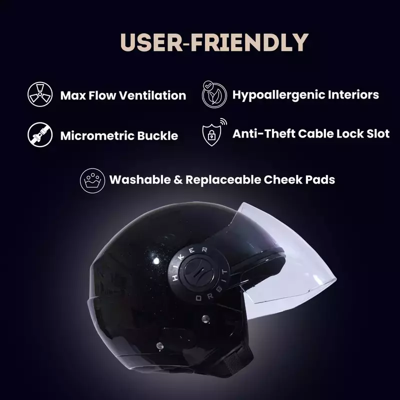 HIKER by VARROC Orbit Pro Half Face Helmet for Men & Women 580 mm S Size Gloss Black ISI Certified, Lightweight, Polycarbonate Visor for Clear Visibility (Pack of 10)