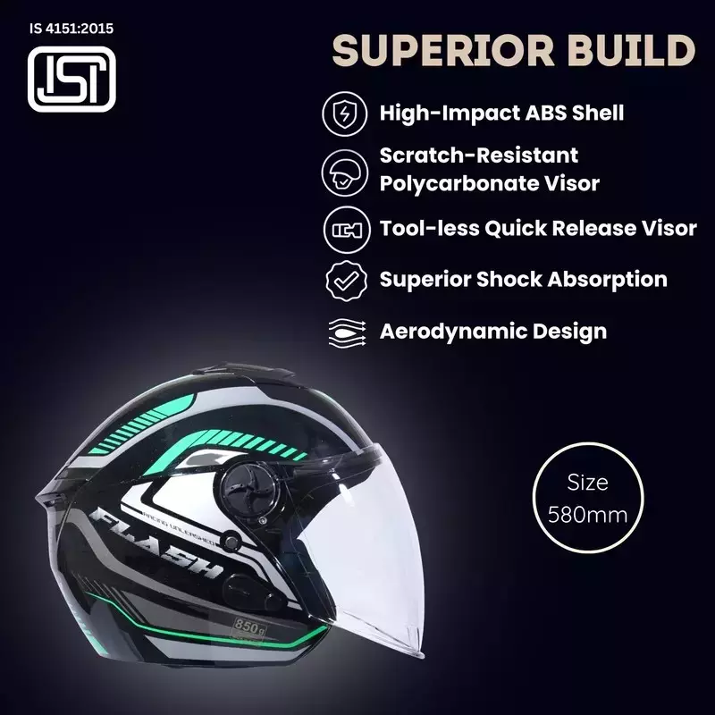 HIKER by VARROC Flash Pro Max HD3 Half Face Helmet for Men & Women 580 mm S Size Gloss Black and Green ISI Certified, Lightweight, Polycarbonate Glass for Clear Visibility (Pack of 4)
