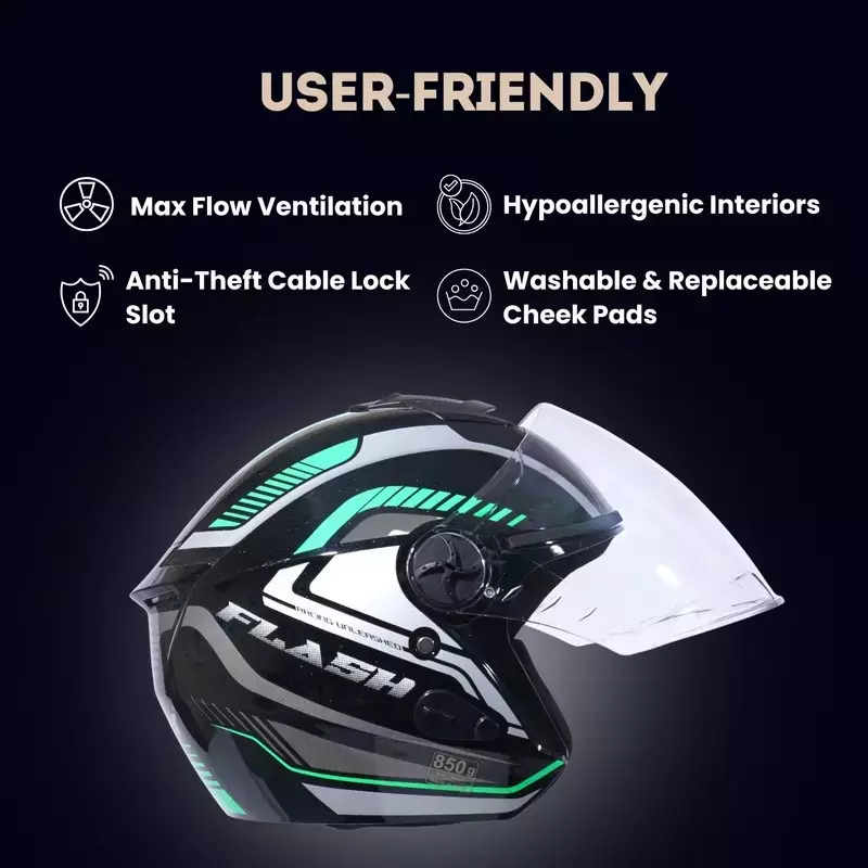 HIKER by VARROC Flash Pro Max HD3 Half Face Helmet for Men & Women 580 mm S Size Gloss Black and Green ISI Certified, Lightweight, Polycarbonate Glass for Clear Visibility (Pack of 4)