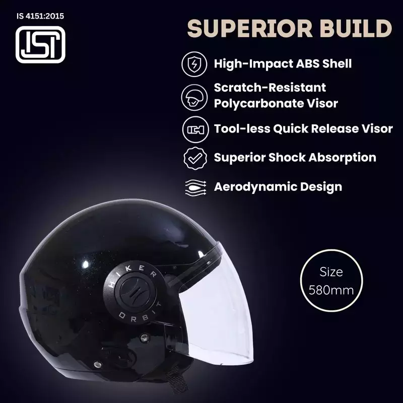 HIKER by VARROC Orbit Pro Half Face Helmet for Men & Women 580 mm S Size Gloss Black ISI Certified, Lightweight, Polycarbonate Visor for Clear Visibility (Pack of 4)