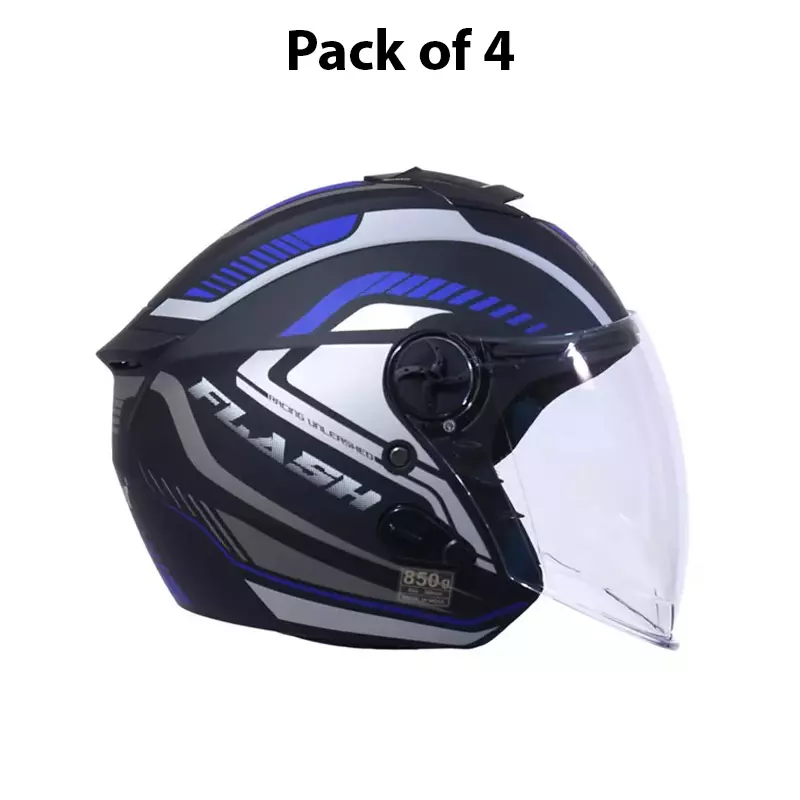 HIKER by VARROC Flash Pro Max HD4 Half Face Helmet for Men & Women 580 mm S Size Matt Black and Blue ISI Certified, Lightweight, Polycarbonate Glass for Clear Visibility (Pack of 4)
