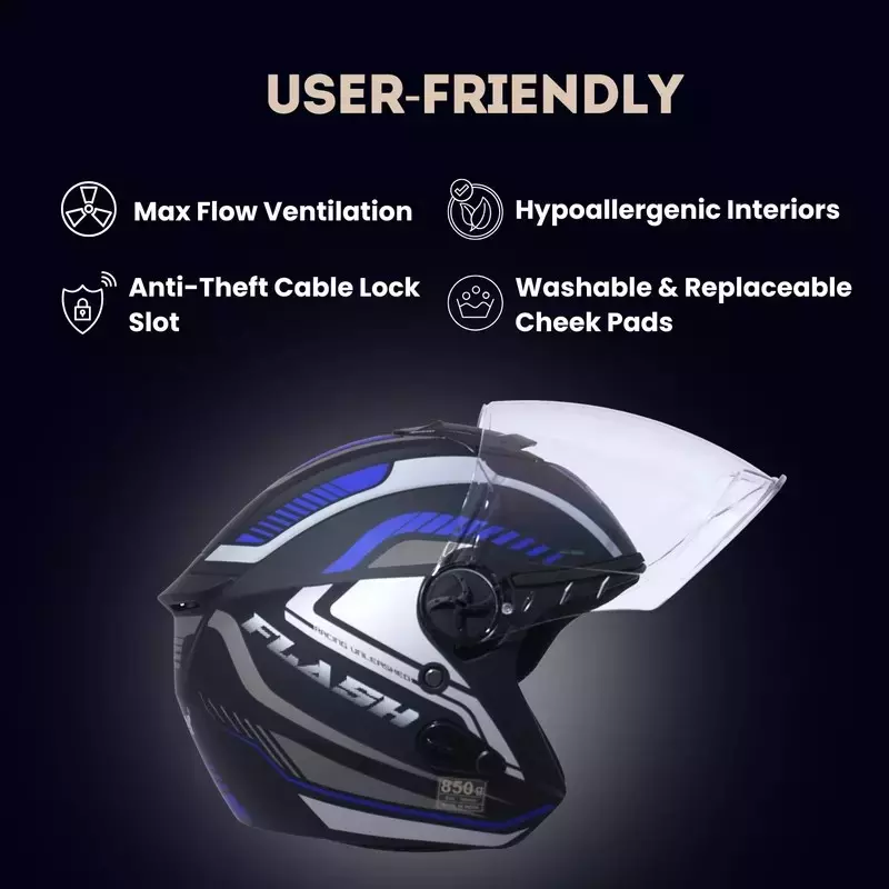 HIKER by VARROC Flash Pro Max HD4 Half Face Helmet for Men & Women 580 mm S Size Matt Black and Blue ISI Certified, Lightweight, Polycarbonate Glass for Clear Visibility (Pack of 4)