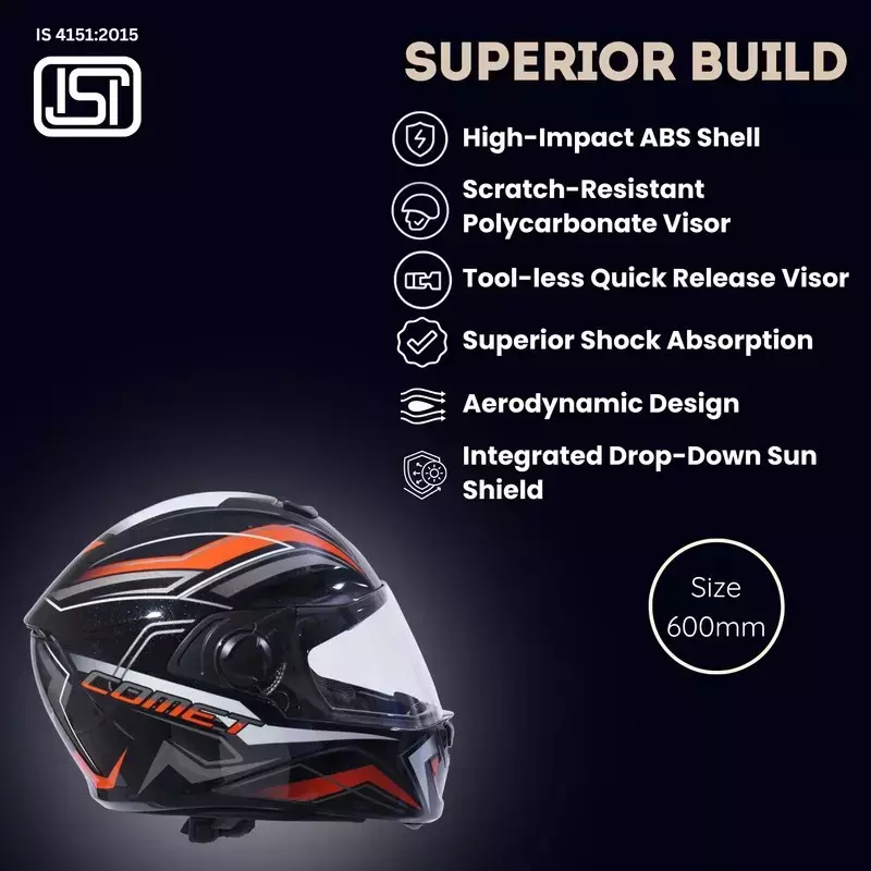 HIKER by VARROC Comet Pro Max HD3 Full Face Helmet for Men & Women 600 mm L Size Gloss Black and Orange ISI Certified Flip-Up, Lightweight, Polycarbonate Visor for Clear Visibility (Pack of 4)