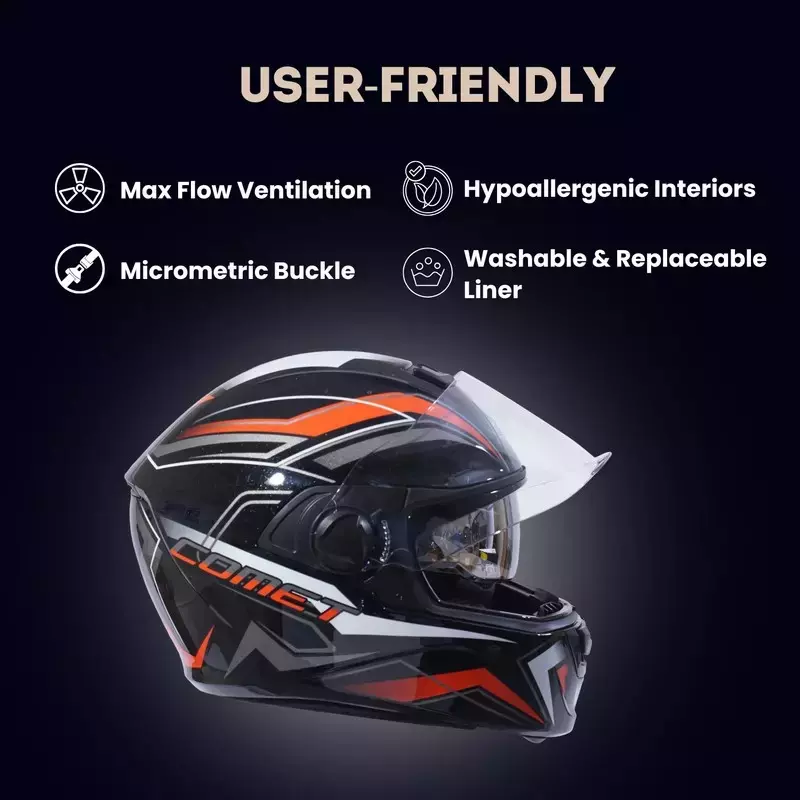 HIKER by VARROC Comet Pro Max HD3 Full Face Helmet for Men & Women 600 mm L Size Gloss Black and Orange ISI Certified Flip-Up, Lightweight, Polycarbonate Visor for Clear Visibility (Pack of 4)
