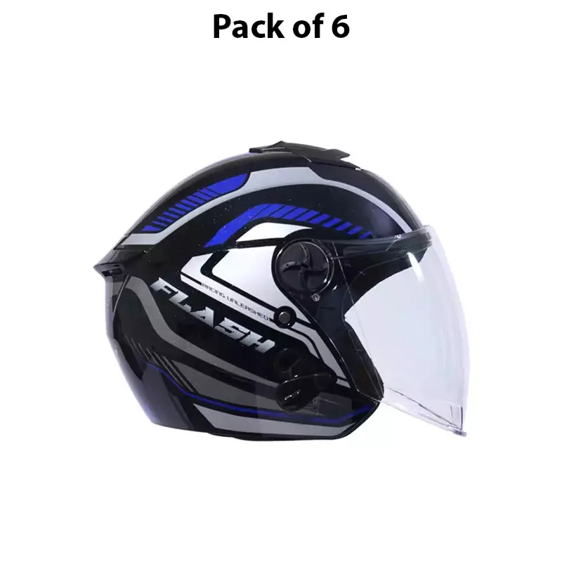 HIKER by VARROC Flash Pro Max HD4 Half Face Helmet for Men & Women 580 mm S Size Gloss Black and Blue ISI Certified, Lightweight, Polycarbonate Glass for Clear Visibility (Pack of 10)