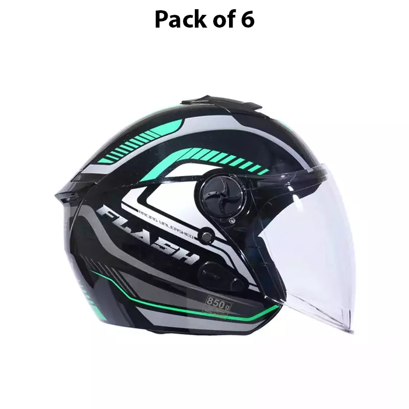 HIKER by VARROC Flash Pro Max HD3 Half Face Helmet for Men & Women 580 mm S Size Gloss Black and Green ISI Certified, Lightweight, Polycarbonate Glass for Clear Visibility (Pack of 10)