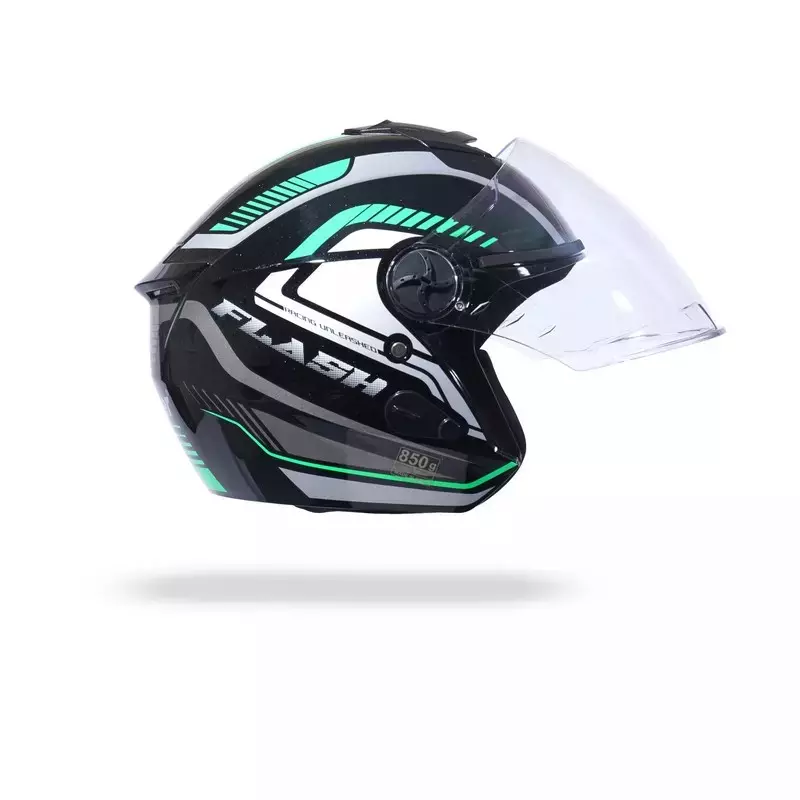 HIKER by VARROC Flash Pro Max HD3 Half Face Helmet for Men & Women 580 mm S Size Gloss Black and Green ISI Certified, Lightweight, Polycarbonate Glass for Clear Visibility (Pack of 10)