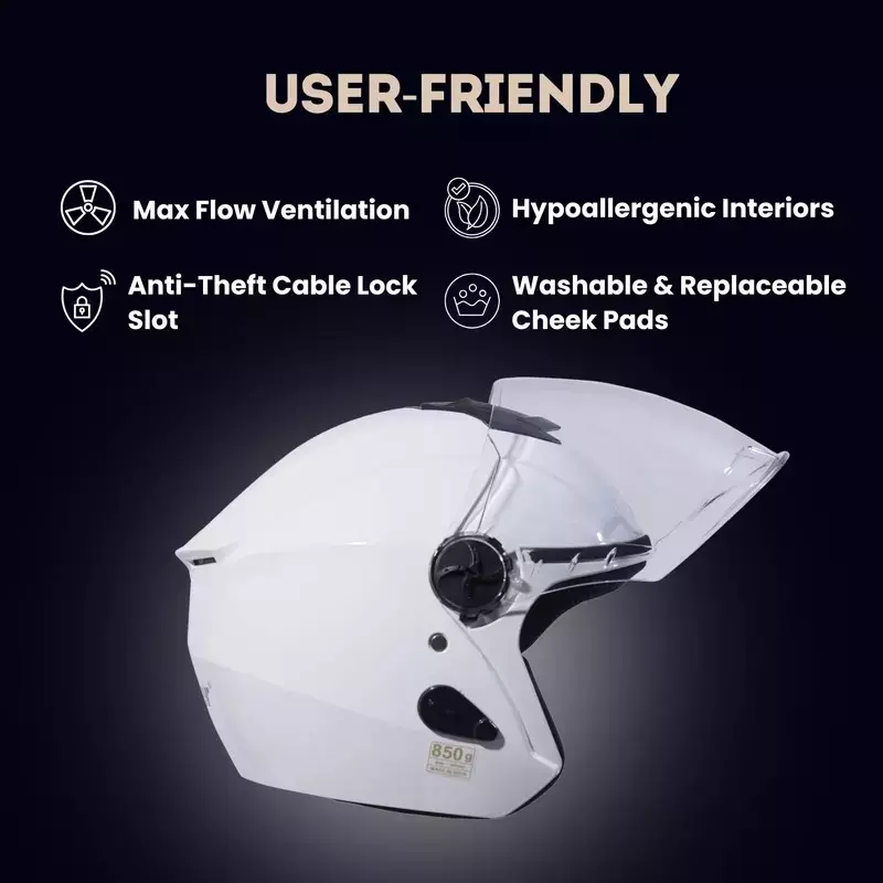 HIKER by VARROC Flash Pro Half Face Helmet for Men & Women 580 mm S Size White ISI Certified, Lightweight, Polycarbonate Glass for Clear Visibility (Pack of 10)