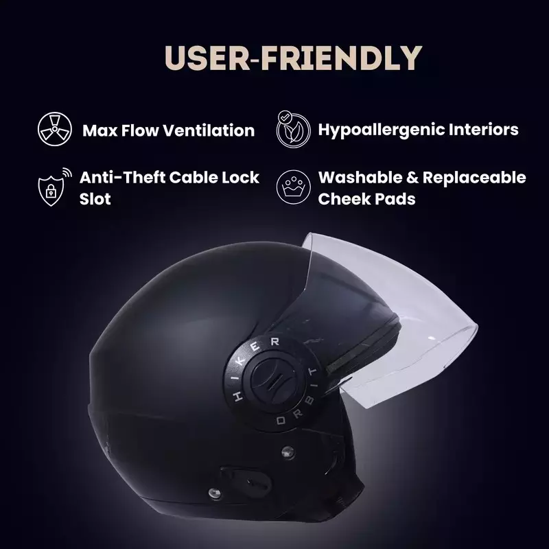 HIKER by VARROC Orbit Pro Half Face Helmet for Men & Women 580 mm S Size Matt Black ISI Certified, Lightweight, Polycarbonate Visor for Clear Visibility (Pack of 4)