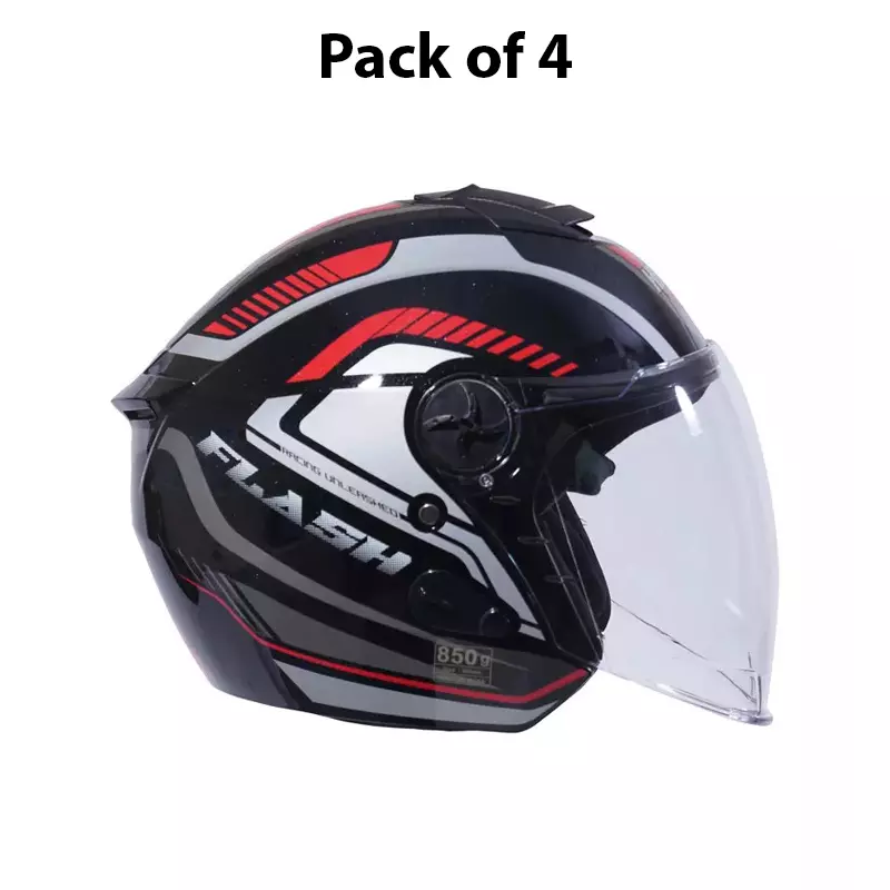 HIKER by VARROC Flash Pro Max HD1 Half Face Helmet for Men & Women 580 mm S Size Gloss Black ISI Certified, Lightweight, Polycarbonate Glass for Clear Visibility (Pack of 4)