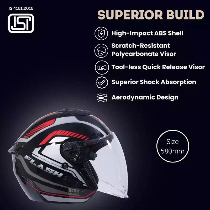 HIKER by VARROC Flash Pro Max HD1 Half Face Helmet for Men & Women 580 mm S Size Gloss Black ISI Certified, Lightweight, Polycarbonate Glass for Clear Visibility (Pack of 4)