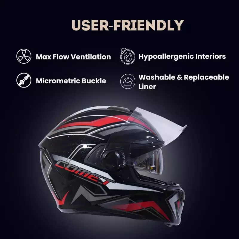HIKER by VARROC Comet Pro Max HD1 Full Face Helmet for Men & Women 600 mm L Size Gloss Black and Red ISI Certified Flip-Up, Lightweight, Polycarbonate Visor for Clear Visibility (Pack of 10)