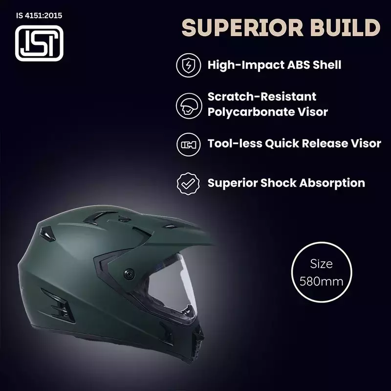 HIKER by VARROC Meteor Full Face Helmet for Men & Women 600 mm L Size Olive Green ISI Certified Flip-Up, Lightweight, Polycarbonate Visor for Clear Visibility (Pack of 10)