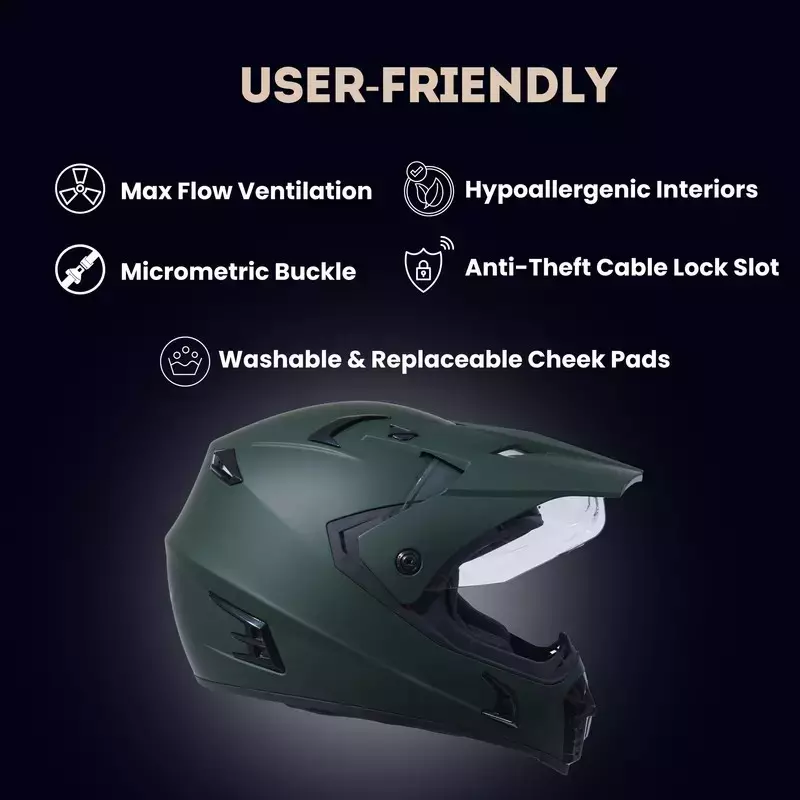 HIKER by VARROC Meteor Full Face Helmet for Men & Women 600 mm L Size Olive Green ISI Certified Flip-Up, Lightweight, Polycarbonate Visor for Clear Visibility (Pack of 10)