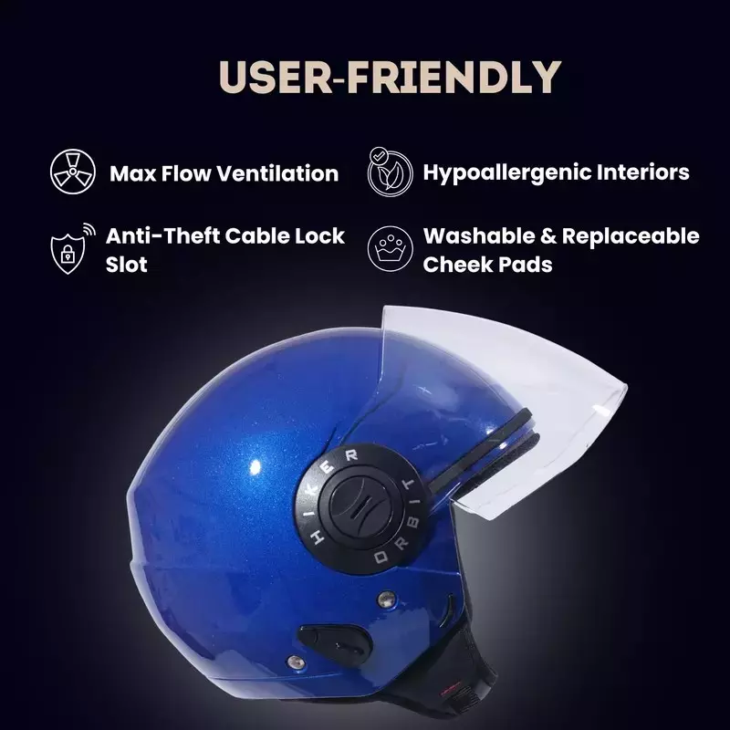 HIKER by VARROC Orbit Pro Half Face Helmet for Men & Women 580 mm S Size Gloss Blue ISI Certified, Lightweight, Polycarbonate Visor for Clear Visibility (Pack of 10)