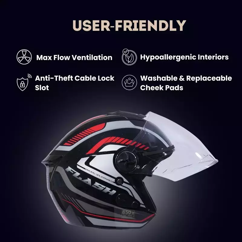 HIKER by VARROC Flash Pro Max HD1 Half Face Helmet for Men & Women 580 mm S Size Gloss Black ISI Certified, Lightweight, Polycarbonate Glass for Clear Visibility (Pack of 10)