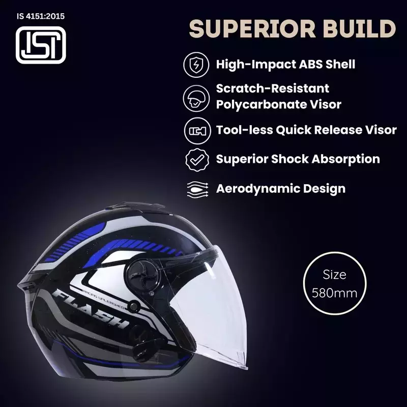 HIKER by VARROC Flash Pro Max HD4 Half Face Helmet for Men & Women 580 mm S Size Gloss Black and Blue ISI Certified, Lightweight, Polycarbonate Glass for Clear Visibility (Pack of 4)