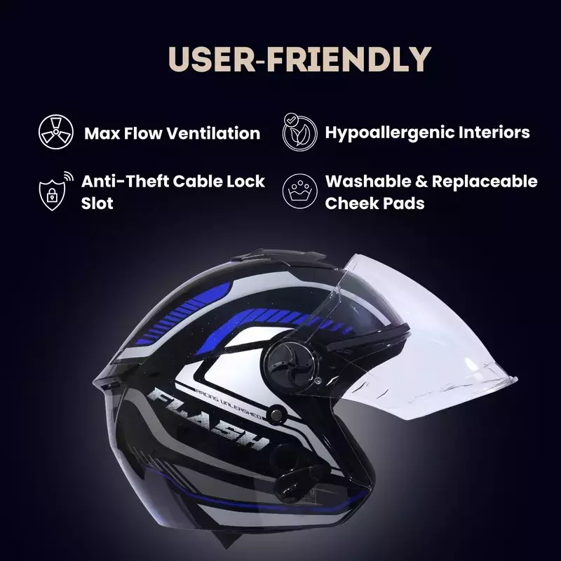 HIKER by VARROC Flash Pro Max HD4 Half Face Helmet for Men & Women 580 mm S Size Gloss Black and Blue ISI Certified, Lightweight, Polycarbonate Glass for Clear Visibility (Pack of 4)