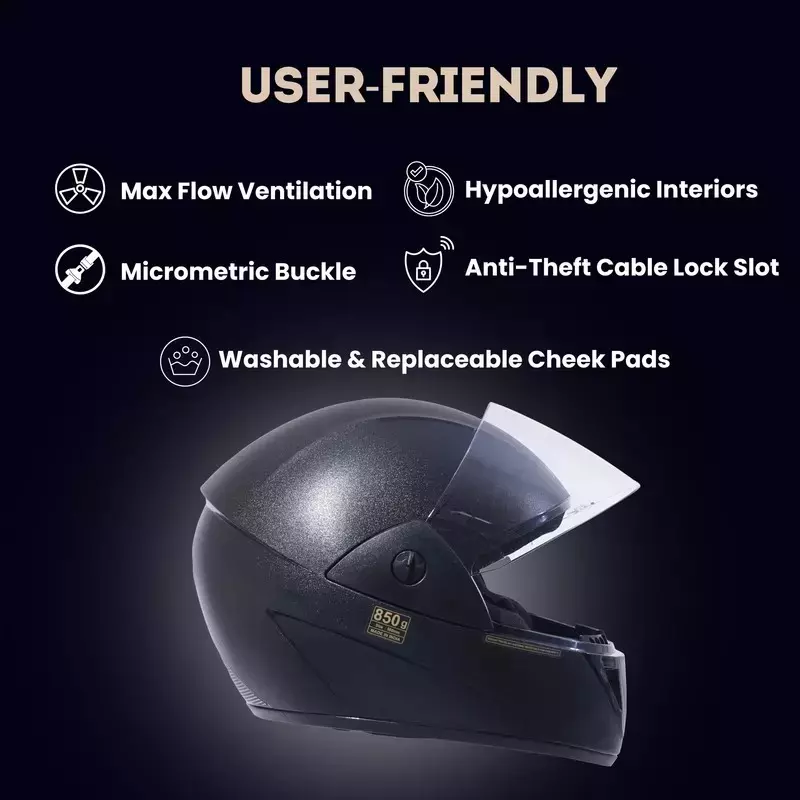 HIKER by VARROC Wave Natural Full Face Helmet for Men 580 mm S Size Black ISI Certified Flip-Up, Lightweight, Polycarbonate Visor for Clear Visibility (Pack of 4)