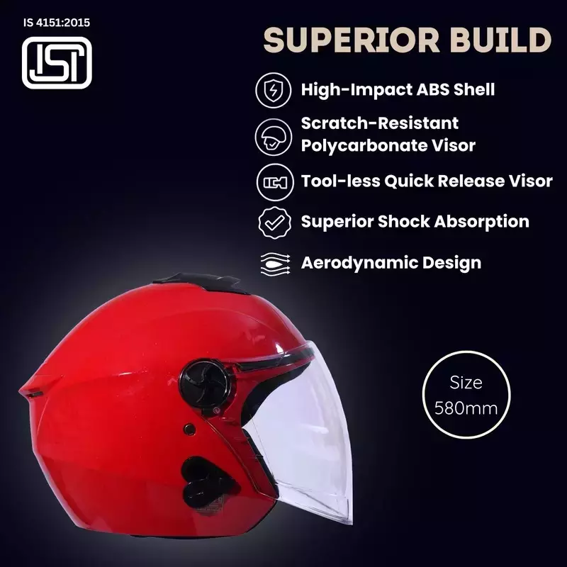 HIKER by VARROC Flash Pro Half Face Helmet for Men & Women 580 mm S Size Gloss Sports Red ISI Certified, Lightweight, Polycarbonate Visor for Clear Visibility (Pack of 4)