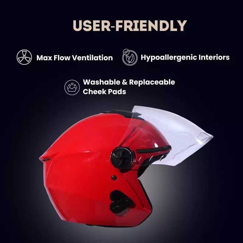 HIKER by VARROC Flash Pro Half Face Helmet for Men & Women 580 mm S Size Gloss Sports Red ISI Certified, Lightweight, Polycarbonate Visor for Clear Visibility (Pack of 4)
