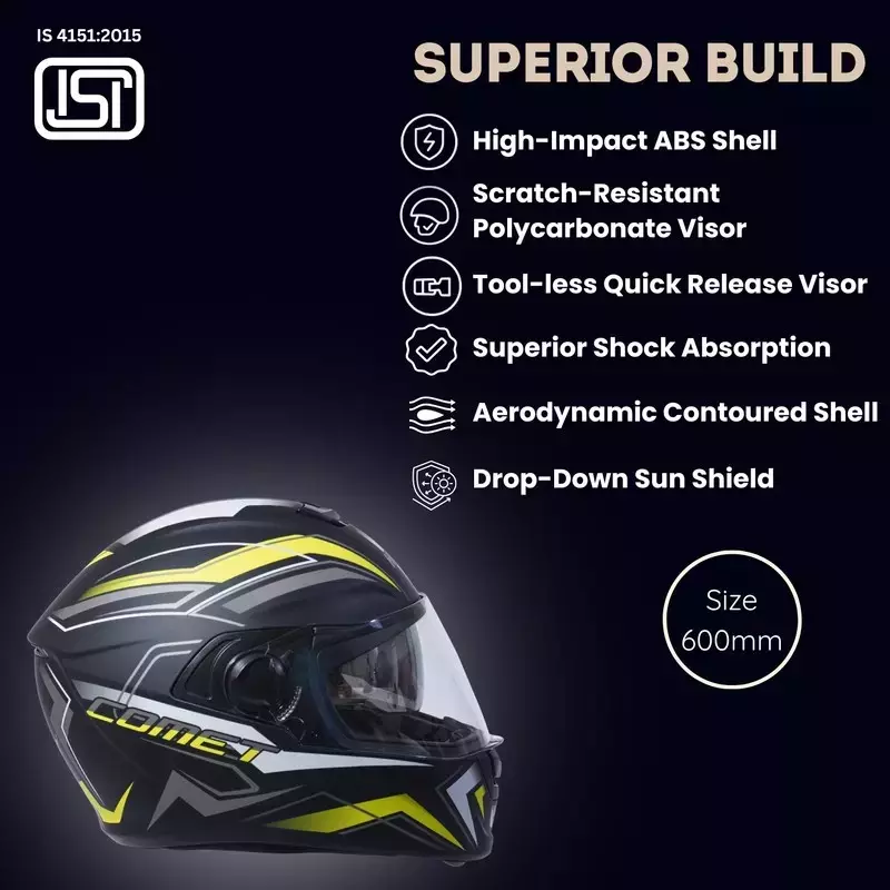 HIKER by VARROC Comet Pro Max HD2 Full Face Helmet for Men & Women 600 mm L Size Matt Black and Yellow ISI Certified Flip-Up, Lightweight, Polycarbonate Visor for Clear Visibility (Pack of 4)