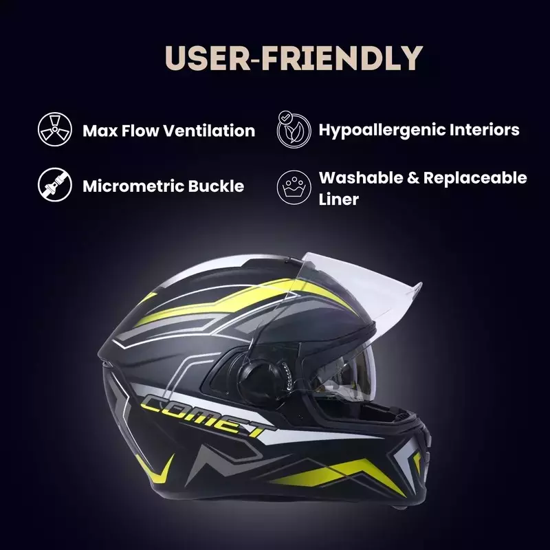 HIKER by VARROC Comet Pro Max HD2 Full Face Helmet for Men & Women 600 mm L Size Matt Black and Yellow ISI Certified Flip-Up, Lightweight, Polycarbonate Visor for Clear Visibility (Pack of 4)