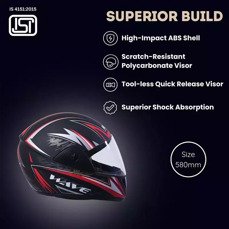 HIKER by VARROC Wave Pro Max HD1 Full Face Helmet for Men & Women 580 mm S Size Matt Black and Red ISI Certified Flip-Up, Lightweight, Polycarbonate Visor for Clear Visibility (Pack of 10)