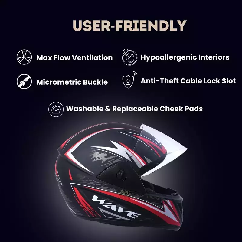 HIKER by VARROC Wave Pro Max HD1 Full Face Helmet for Men & Women 580 mm S Size Matt Black and Red ISI Certified Flip-Up, Lightweight, Polycarbonate Visor for Clear Visibility (Pack of 10)