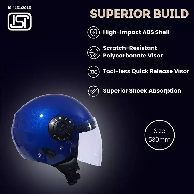 HIKER by VARROC Orbit Pro Half Face Helmet for Men & Women 580 mm S Size Gloss Blue ISI Certified, Lightweight, Polycarbonate Visor for Clear Visibility (Pack of 4)