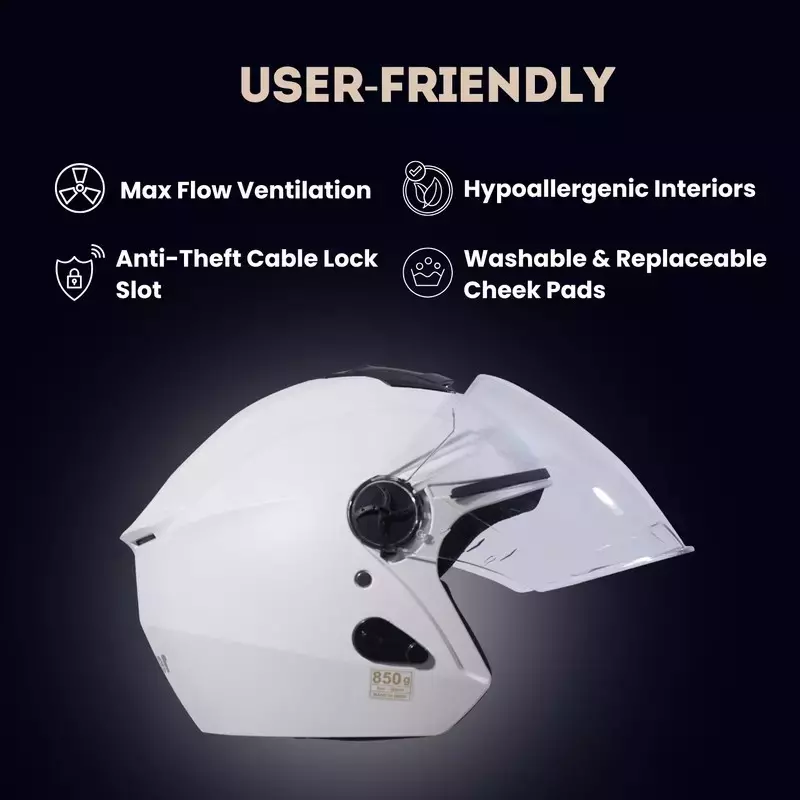 HIKER by VARROC Flash Natural Half Face Helmet for Men & Women 580 mm S Size White ISI Certified, Lightweight, Polycarbonate Glass for Clear Visibility (Pack of 10)