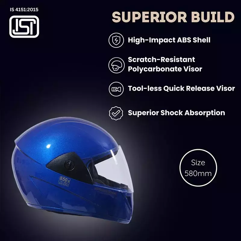 HIKER by VARROC Wave Pro Full Face Helmet for Men & Women 580 mm S Size Gloss Blue ISI Certified Flip-Up, Lightweight, Polycarbonate Visor for Clear Visibility (Pack of 10)
