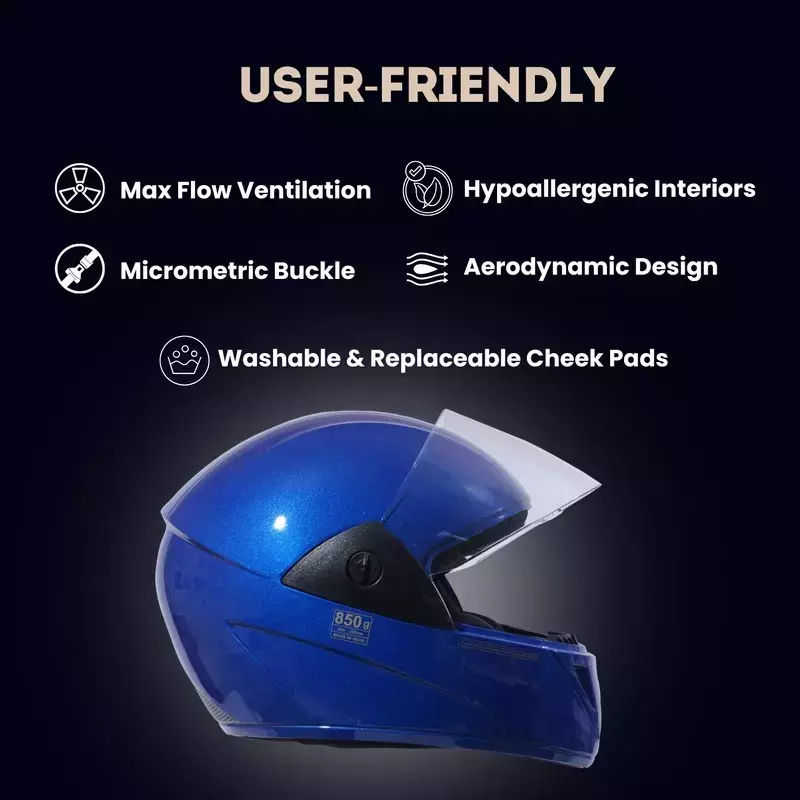 HIKER by VARROC Wave Pro Full Face Helmet for Men & Women 580 mm S Size Gloss Blue ISI Certified Flip-Up, Lightweight, Polycarbonate Visor for Clear Visibility (Pack of 10)