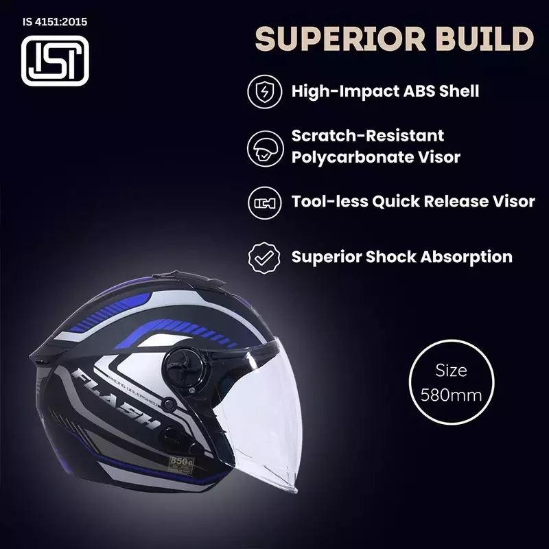 HIKER by VARROC Flash Pro Max HD4 Half Face Helmet for Men & Women 580 mm S Size Matt Black and Blue ISI Certified, Lightweight, Polycarbonate Glass for Clear Visibility (Pack of 10)