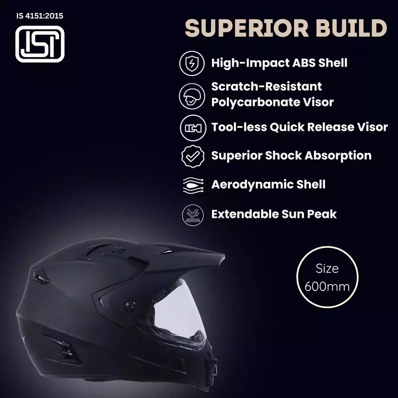 HIKER by VARROC Meteor Full Face Helmet for Men & Women 600 mm L Size Matt Black ISI Certified Flip-Up, Lightweight, Polycarbonate Visor for Clear Visibility (Pack of 10)