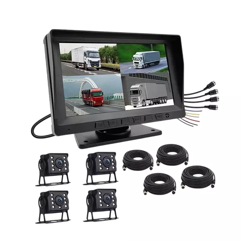 Justrack 7 Inch (177.8 mm) Monitor With 4 Camera & Aviation Cable Kit 4 Channel Suitable for Car, Bus, Truck and Heavy Duty Vehicles, JT-MMD01-7-LED-4